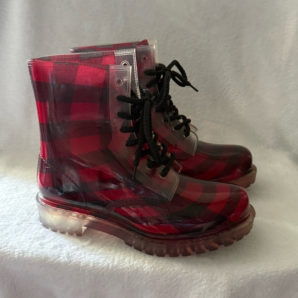 Dirty Laundry Red Plaid Transparent Boots Women’s‎ Size 7 Lace Up